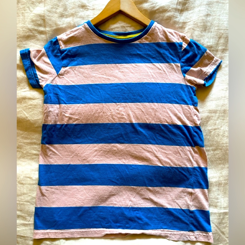 Mini Boden kids striped cotton tee, blue and pink, size 13-14